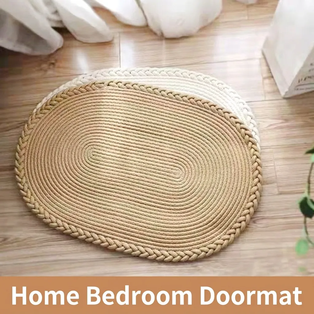 Tapis de Sol Ovale en Coton Tissé à la Main Minimaliste Moderne Style Nordique Lavable en Machine Tapis de Chevet pour Chambre