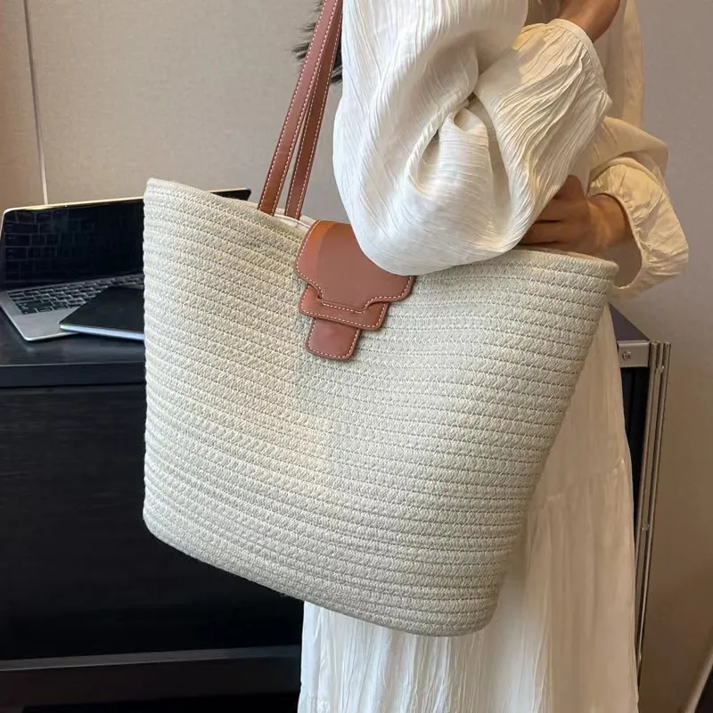 Women's French Minimalist Straw Woven Tote Bag Paper Rope Large Capacity Beach Handbag With PU Leather Shoulder Straps