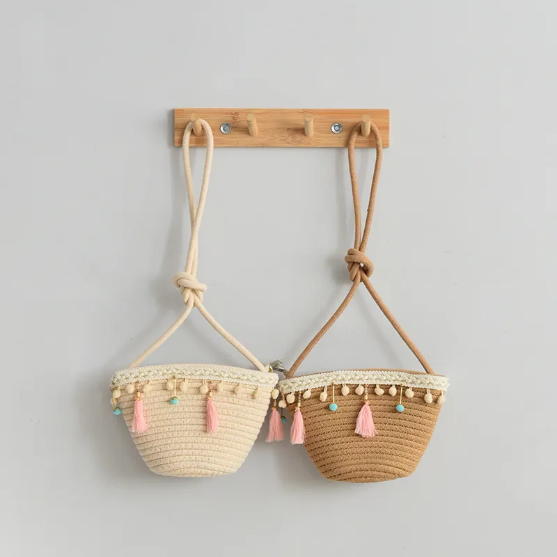 Japanese Style Cute Cartoon Woven Crossbody Bag For Kids Girls Mini Cotton Linen Summer Beach Shoulder Bag With Tassel Pom Pom