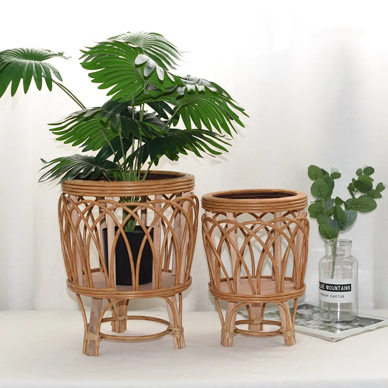Nordic Woven Rattan Plant Stand Solid Wood Tripod Flower Pot Holder Indoor Balcony Garden Decor Rustic Bohemian Planter