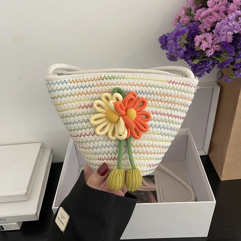Fashion Women Woven Flower Shoulder Bag Handmade Cotton Rope Bucket Crossbody Bag For Travel Daily Casual Phone Bag