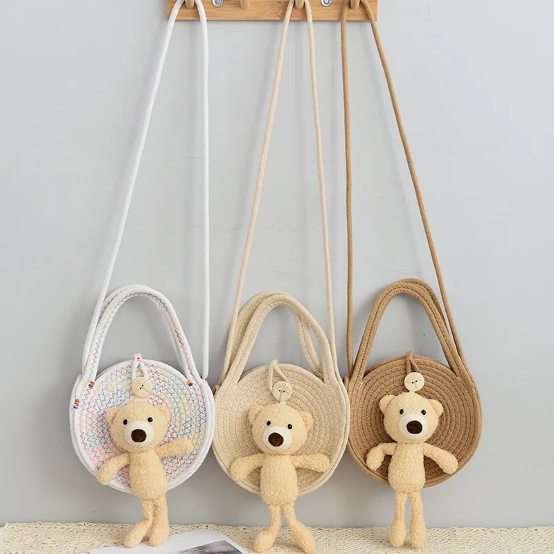 Handmade Round Woven Cotton Rope Crossbody Bag For Women Kids Cute Floral Bear Straw Style Beach Travel Shoulder Bag