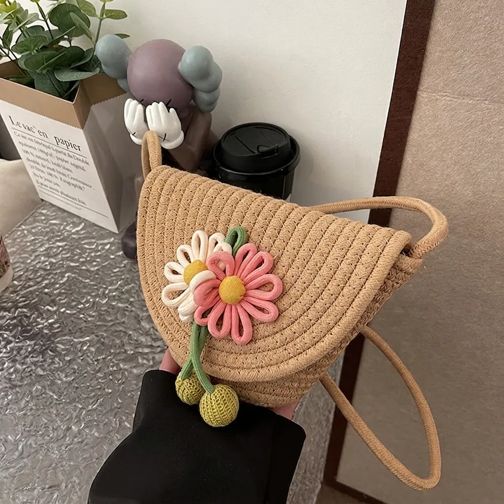 Women Fashion Woven Flower Shoulder Bag Cotton Straw Look Crossbody Bag Handcrafted Floral Decor Bucket Bag Casual Summer Beach Pouch