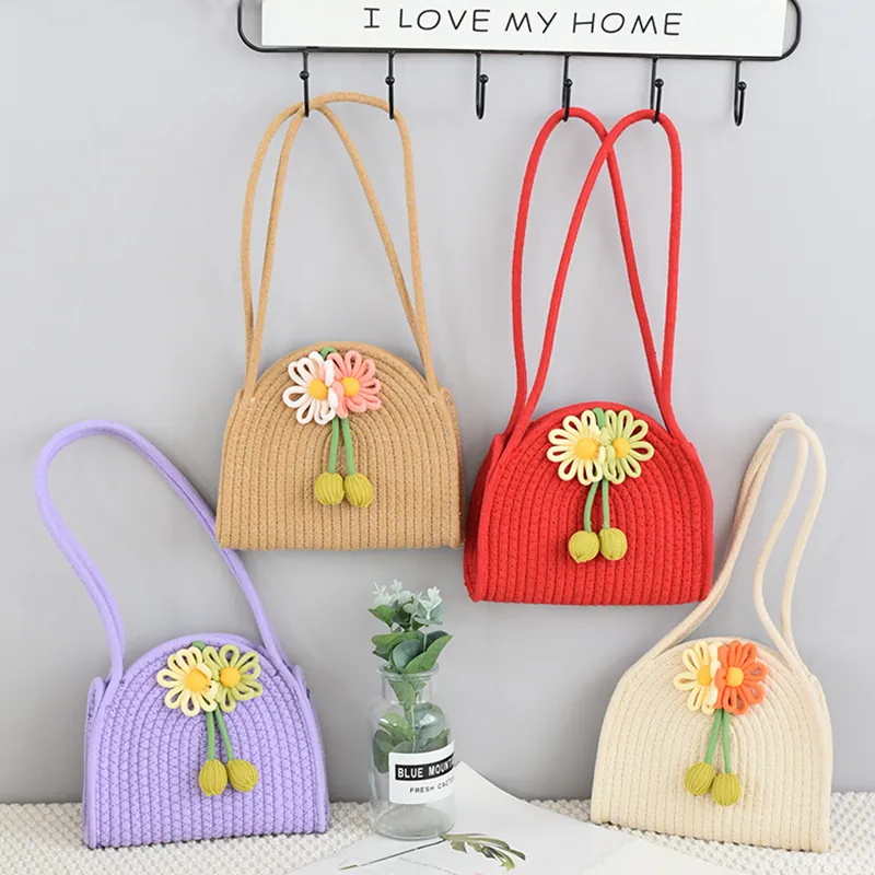 Women Handwoven Cotton Rope Handbag Small Fresh Floral Decor Woven Shell Bag Casual Pastoral Style Crossbody Purse