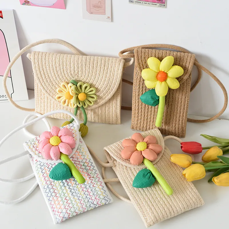Handgefertigte Geflochtene Baumwollseil Umhängetasche Mit 3D-Blumendekoration Bestickte Kleine Tasche Sommer Strand Handytasche Damen