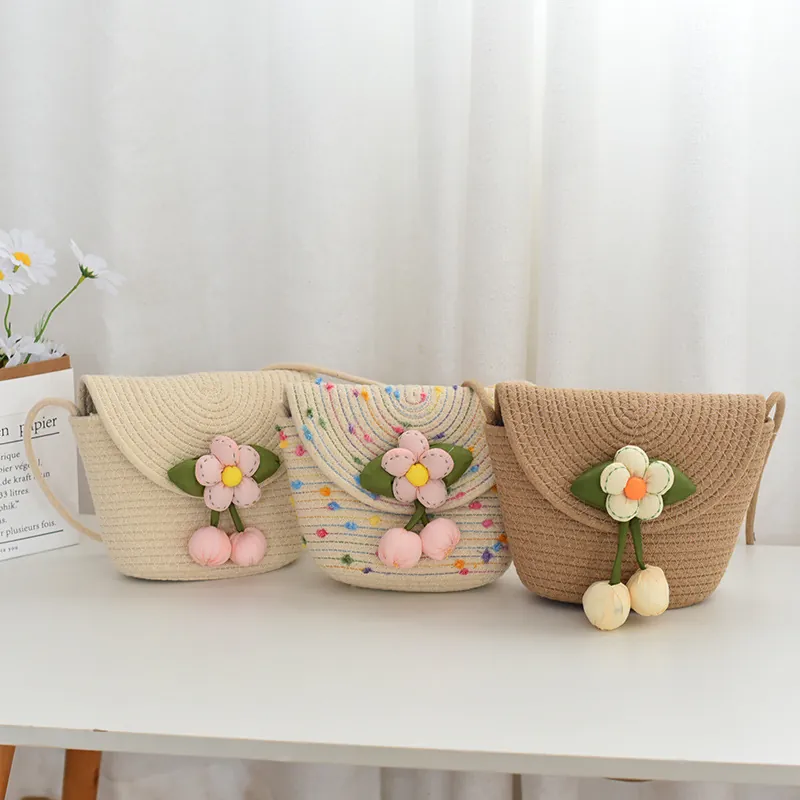 Petit Sac Bandoulière Tissé en Corde de Coton avec Fleurs pour Femmes Enfants Été Plage Décoration Cerise