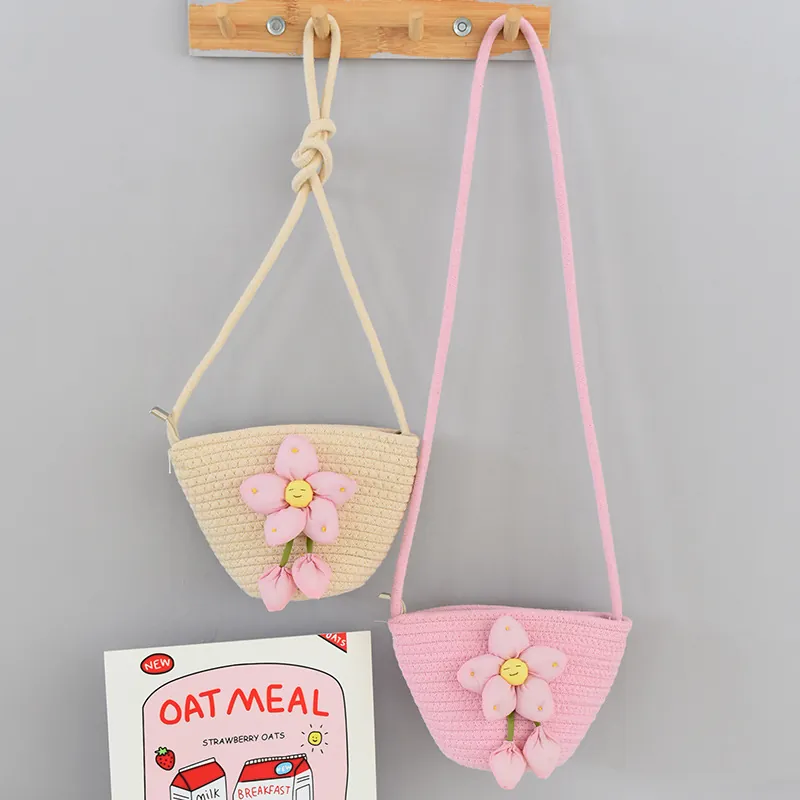 Mini Cotton Woven Bucket Bag For Girls Cute Smile Flower Handwoven Crossbody Bag Summer Beach Vacation Shoulder Purse
