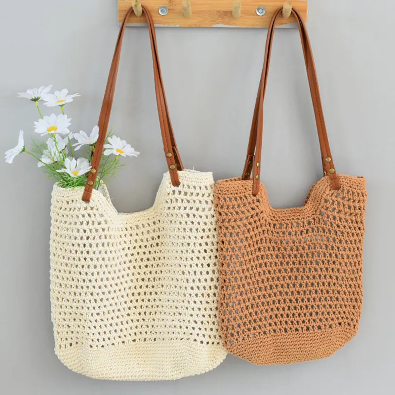 Women's Handmade Woven Cotton Tote Bag Large Capacity Hollow Out Beach Shoulder Bag Casual Minimalist Handbag With PU Strap