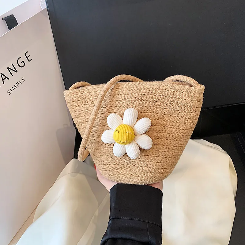 Women Small Straw Woven Crossbody Bag With Sunflower Smile Face Decor Cotton Rope Shoulder Beach Vacation Bag