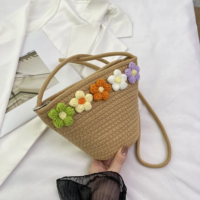 Handmade Cotton Rope Woven Crossbody Bag For Women Floral Crochet Bucket Bag Bohemian Summer Beach Holiday Shoulder Bag