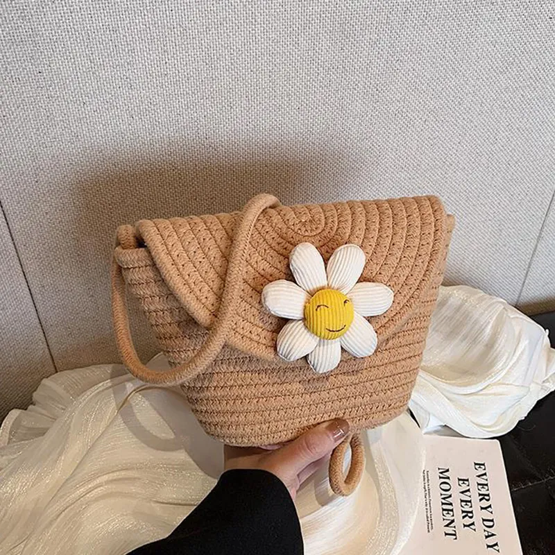 Women Cute Woven Cotton Rope Crossbody Bag Sunflower Smiley Face Small Beach Vacation Shoulder Mobile Phone Bag