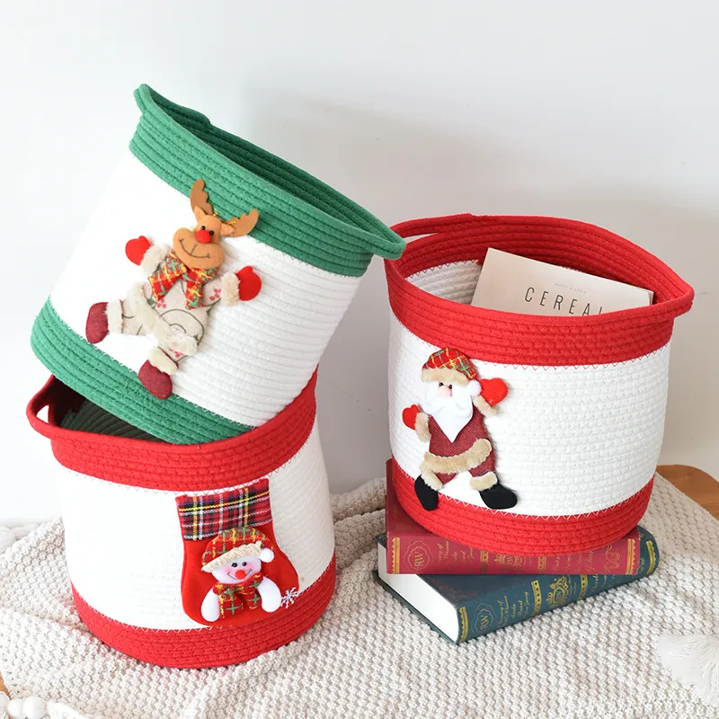 Panier de Rangement Tissé en Corde de Coton de Dessin Animé de Noël Panier à Linge Pliable pour Jouets Vêtements Organisateur