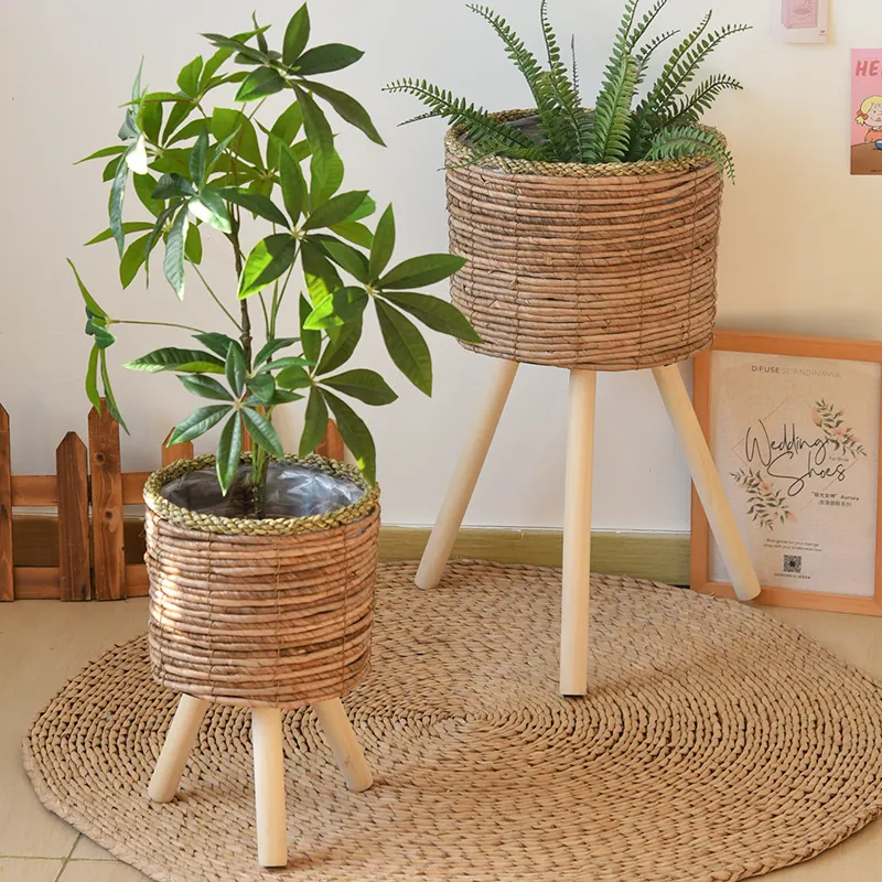 Nordic Hand Woven Banana Rope Plant Stand Natural Fiber Flower Pot Holder Minimalist Floor Planter Rack For Home Decor