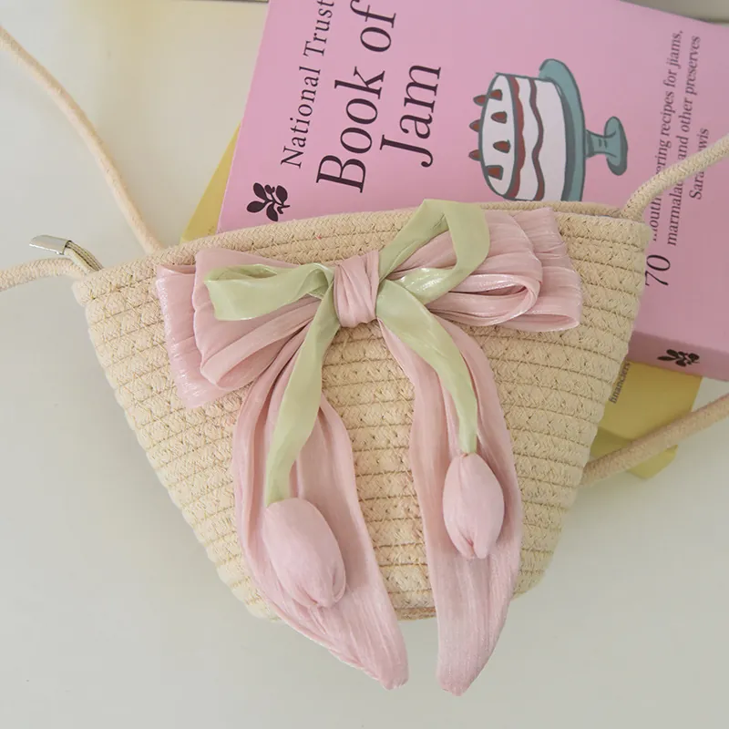 Women Woven Cotton Rope Crossbody Bag Sweet Tulip Bow Decoration Small Bucket Beach Vacation Fashion Shoulder Bag
