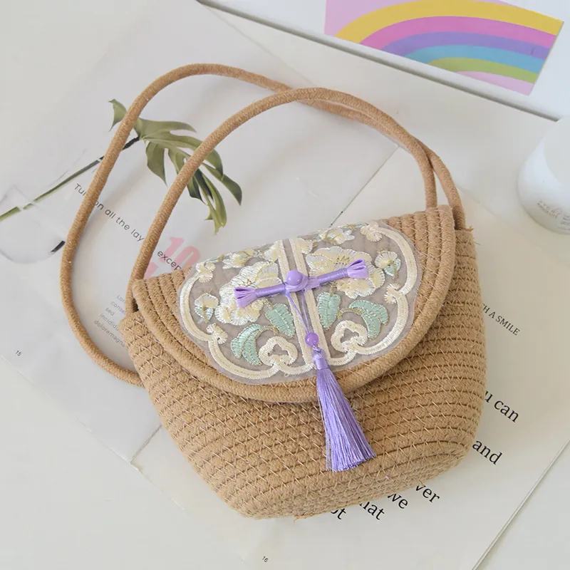 Women Casual Cotton Woven Crossbody Bag With Floral Embroidery Tassel Frog Button Chinese Style Beach Shoulder Bag Flap Purse