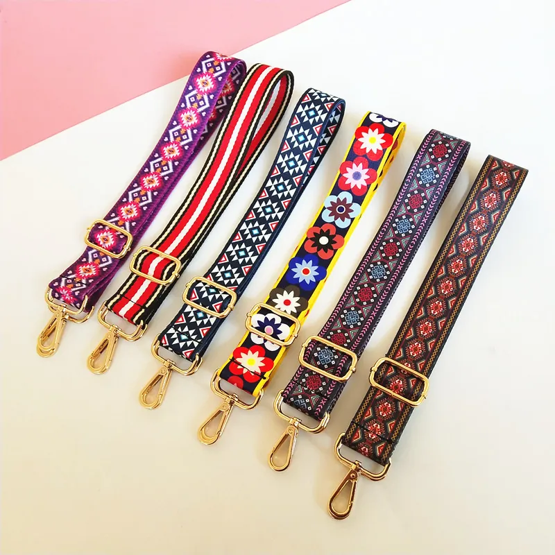 Adjustable Ethnic Style Wide Bag Strap For Women Crossbody Handbag Replacement Shoulder Belt With Gold Buckle Geometric Flower Pattern
