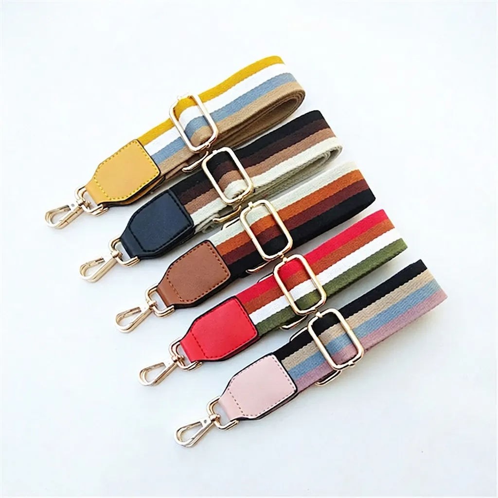 Wide Replacement Shoulder Strap For Handbags Adjustable Cotton Webbing Striped Crossbody Bag Strap Gold Metal Buckles