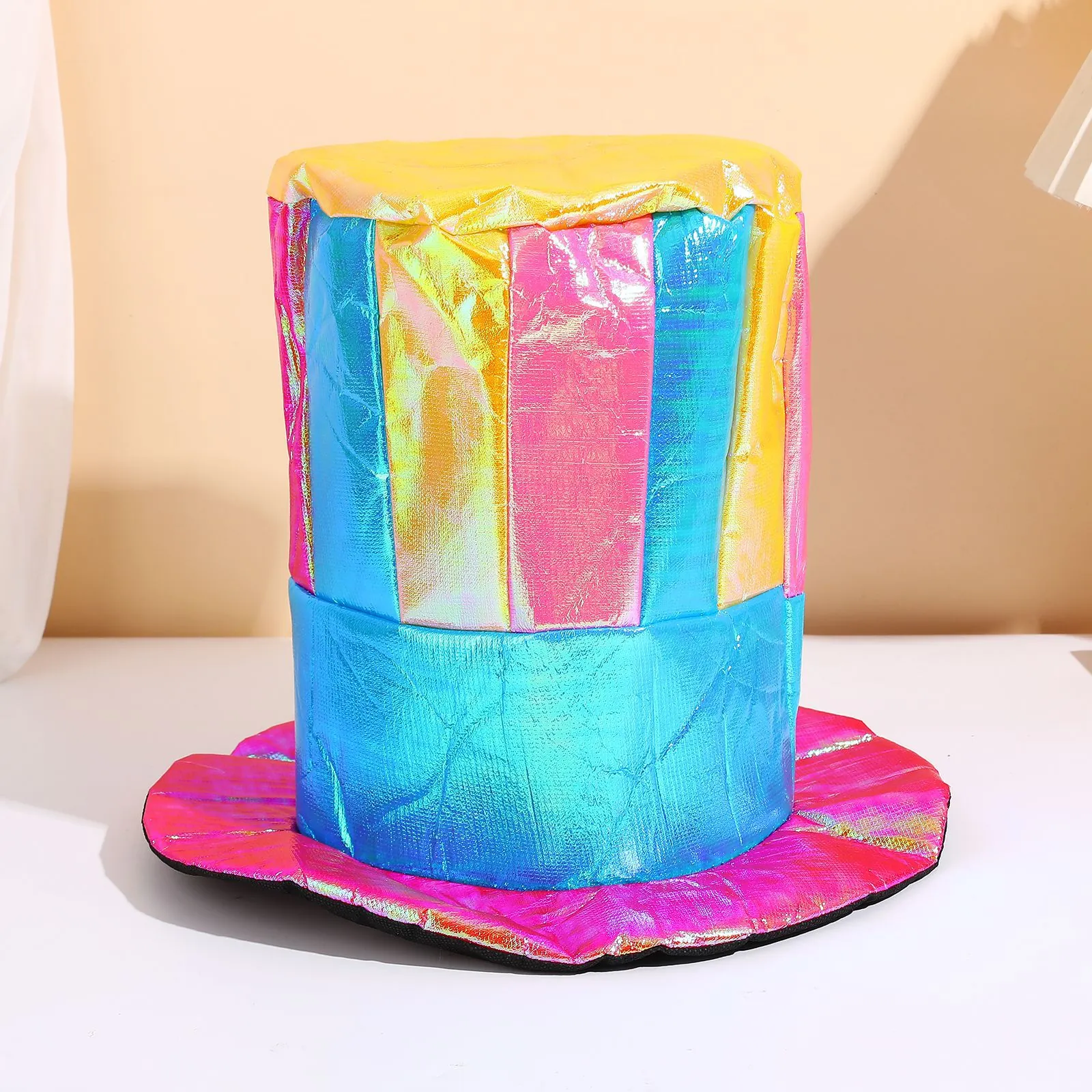 Clown Cosplay Hat Iridescent Metallic Top Hat Circus Party Accessory Multicolor Stripe Halloween Fancy Dress Costume Hat