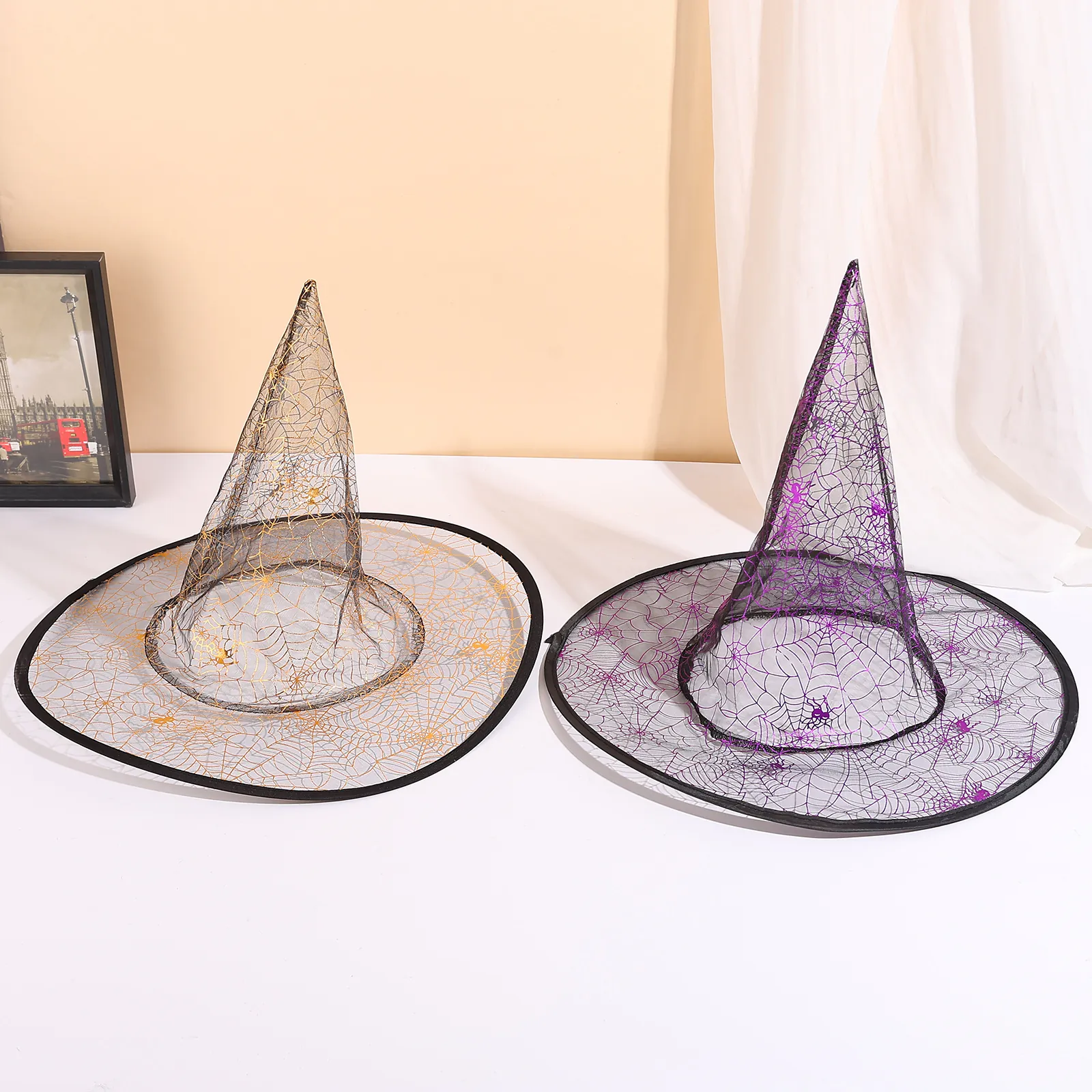 Cappello da Strega di Halloween con Ragnatela Cappello a Punta in Organza per Festa in Maschera Spettacolo Viola Oro