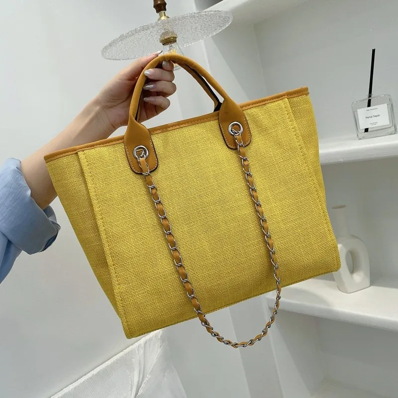 Bolso Tote de Lona de Gran Capacidad para Mujer Casual Textura Tejida Bolso de Hombro Con Correa de Cadena de Metal Ribete de Cuero PU