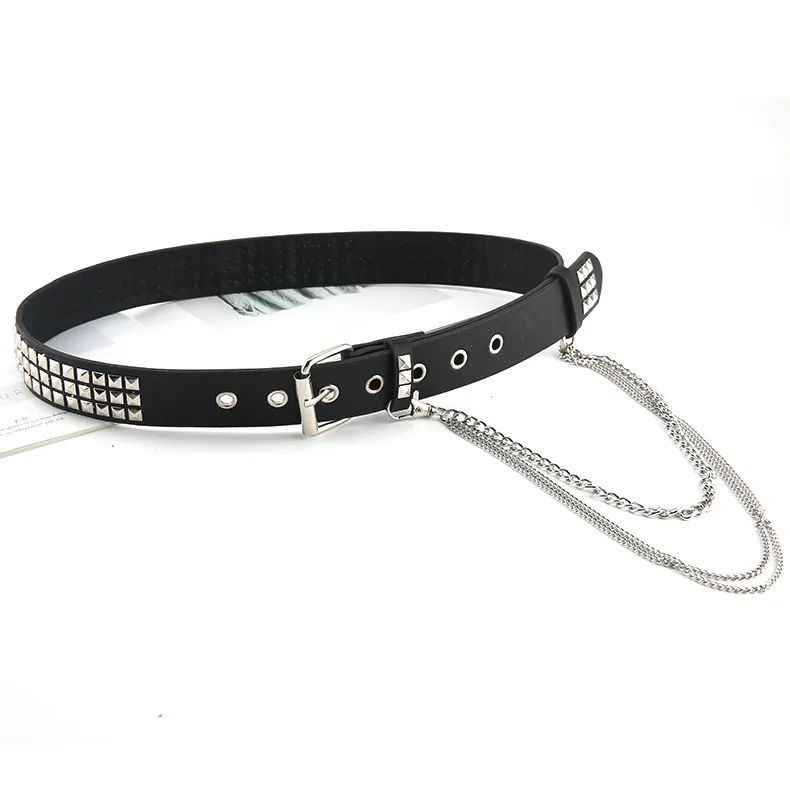 Gothic Heavy Metal Punk Nieten Gürtel Mit Dreifach Hängenden Ketten Kunstleder Nietengürtel Für Herren Damen Rock Mode Accessoire