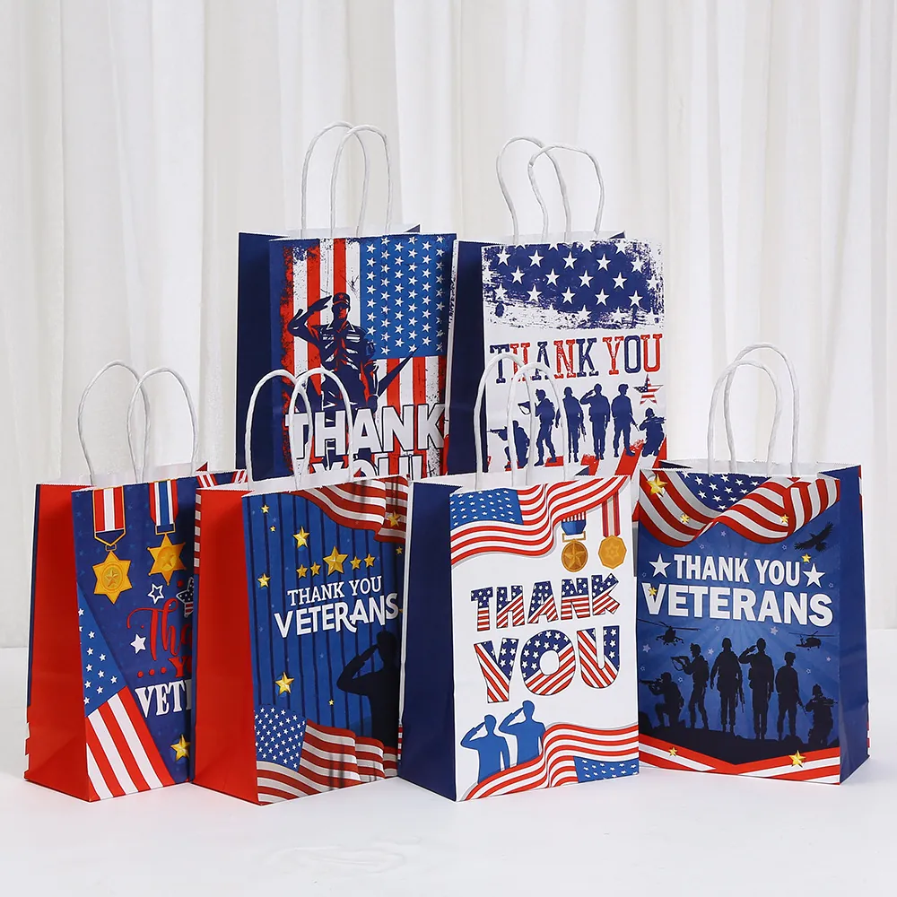 Sacs Cadeaux en Papier Kraft Patriotiques pour la Journée des Vétérans Avec Poignées Thank You Silhouette de Soldat