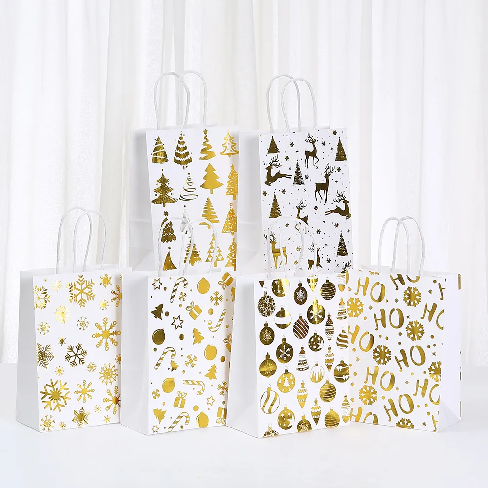 Sacs Cadeaux de Noël en Or Blanc avec Marquage à Chaud Motif Renne Flocon de Neige Sacs en Papier pour Fêtes
