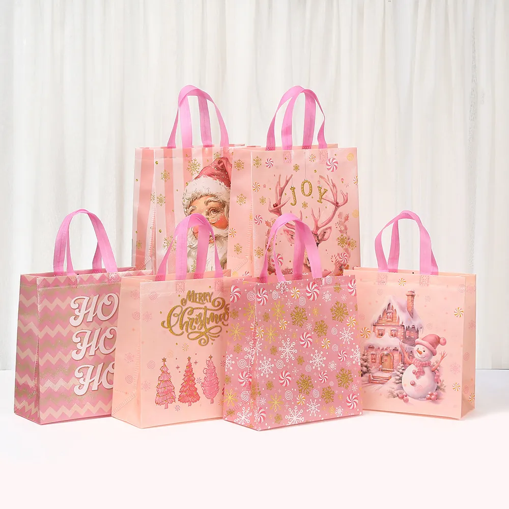 Pink Christmas Non-Woven Gift Bags Waterproof Reusable Festive Tote Bags Reindeer Santa Claus Snowflake Pattern Candy Bags