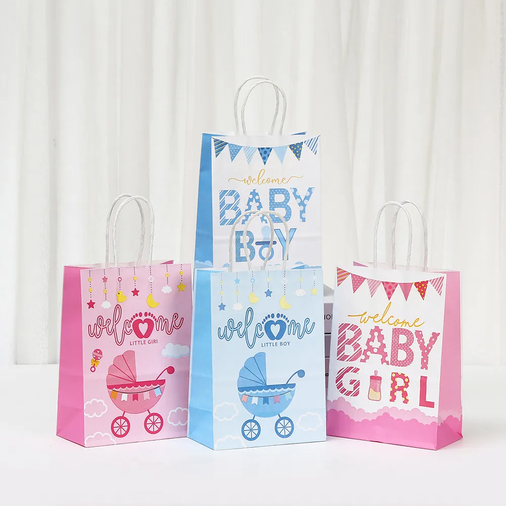 Sacs Cadeaux en Papier Kraft Dessin Animé pour Baby Shower Gender Reveal Party Welcome Baby Boy Girl Imprimés avec Poignée