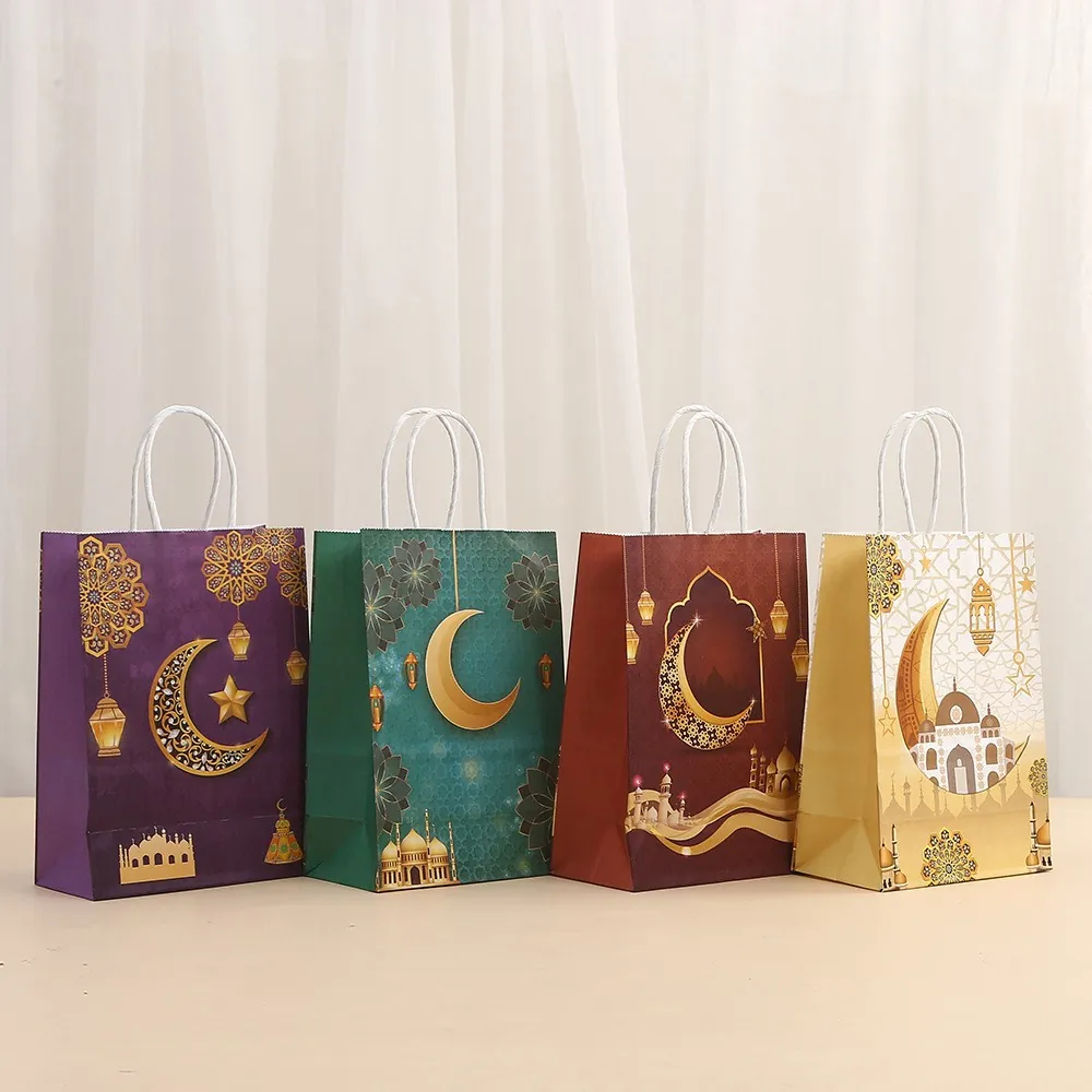 Ramadan Eid Kraft Paper Gift Bags Islamic Mosque Moon Star Print Handled Gift Packaging Bags For Eid Mubarak Party Supplies