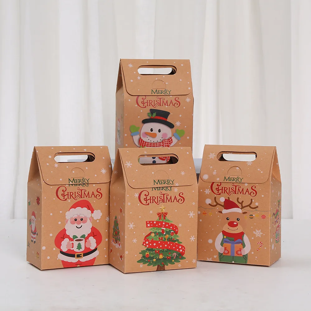 Christmas Kraft Paper Gift Bags With Handles Santa Snowman Tree Reindeer Pattern Festive Candy Packing Holiday Favor Bags