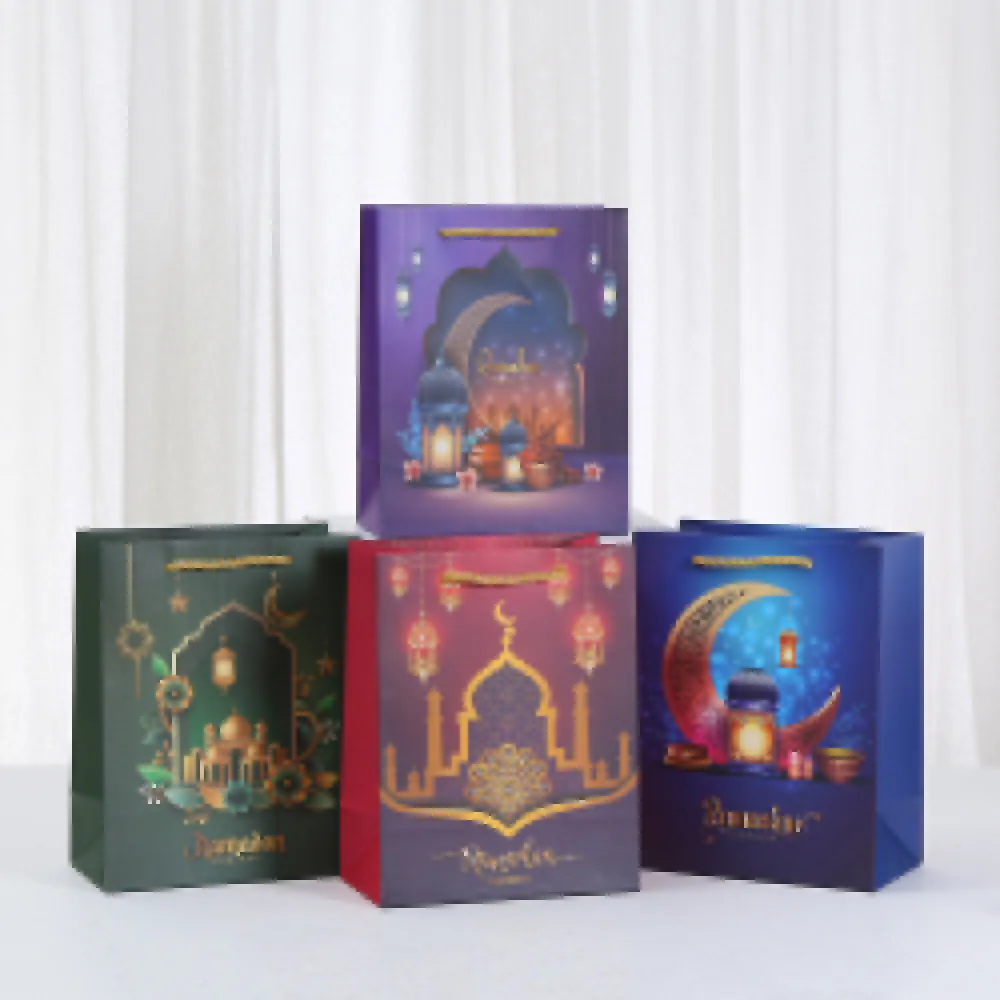 Sac Cadeau Ramadan En Carton Avec Poignée Tissée Motif Mosquée Islamique Lune Lanterne Imprimé Pour Célébration De L'Aïd