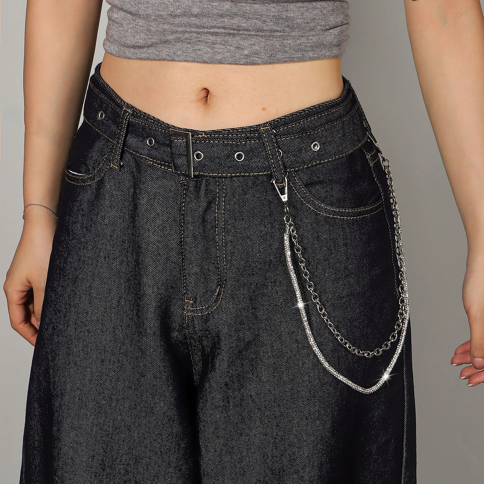 Punk Double Layer Metal Waist Chain Rhinestone Tassel Body Chain Silver Fashion Jeans Accessories For Women Men Party Jewelry