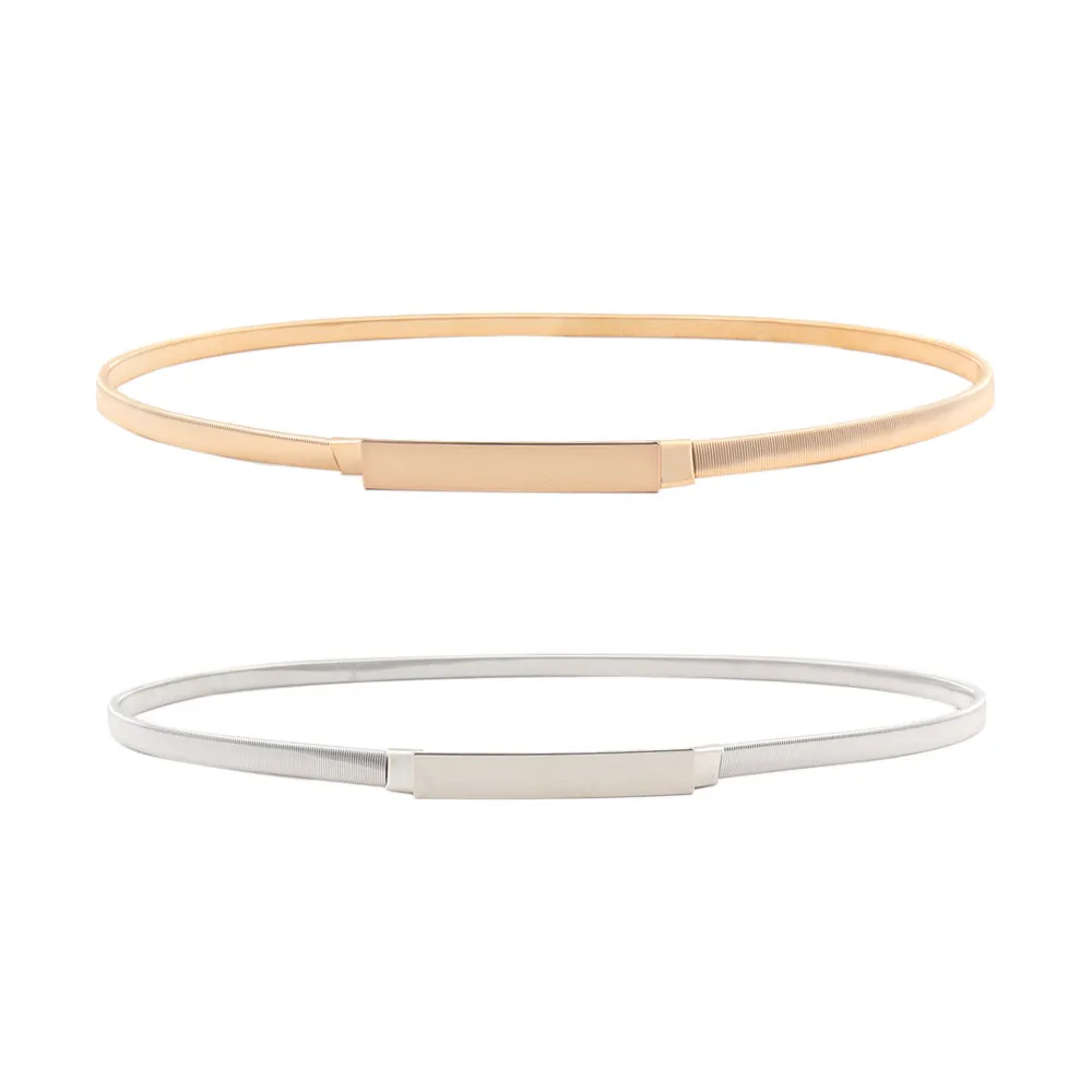Women Elegant Metal Elastic Chain Belt Minimalist Rectangular Buckle Gold Silver Adjustable Waist Chain For Dress Suit