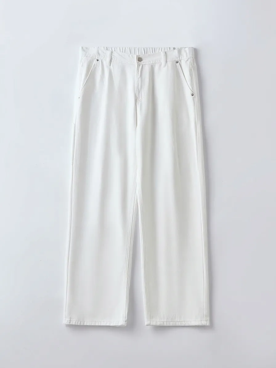 Men Loose Straight White Jeans Lyocell Cotton Blend Washed Denim Pants Minimalist Casual Solid Color Straight Leg Trousers