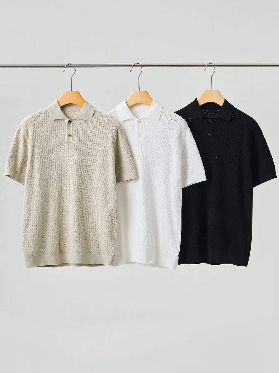 Men's Casual Knitted Cotton Polo Shirt Short Sleeve Hollow Out Textured Top Basic Solid Color Summer Polo Shirt