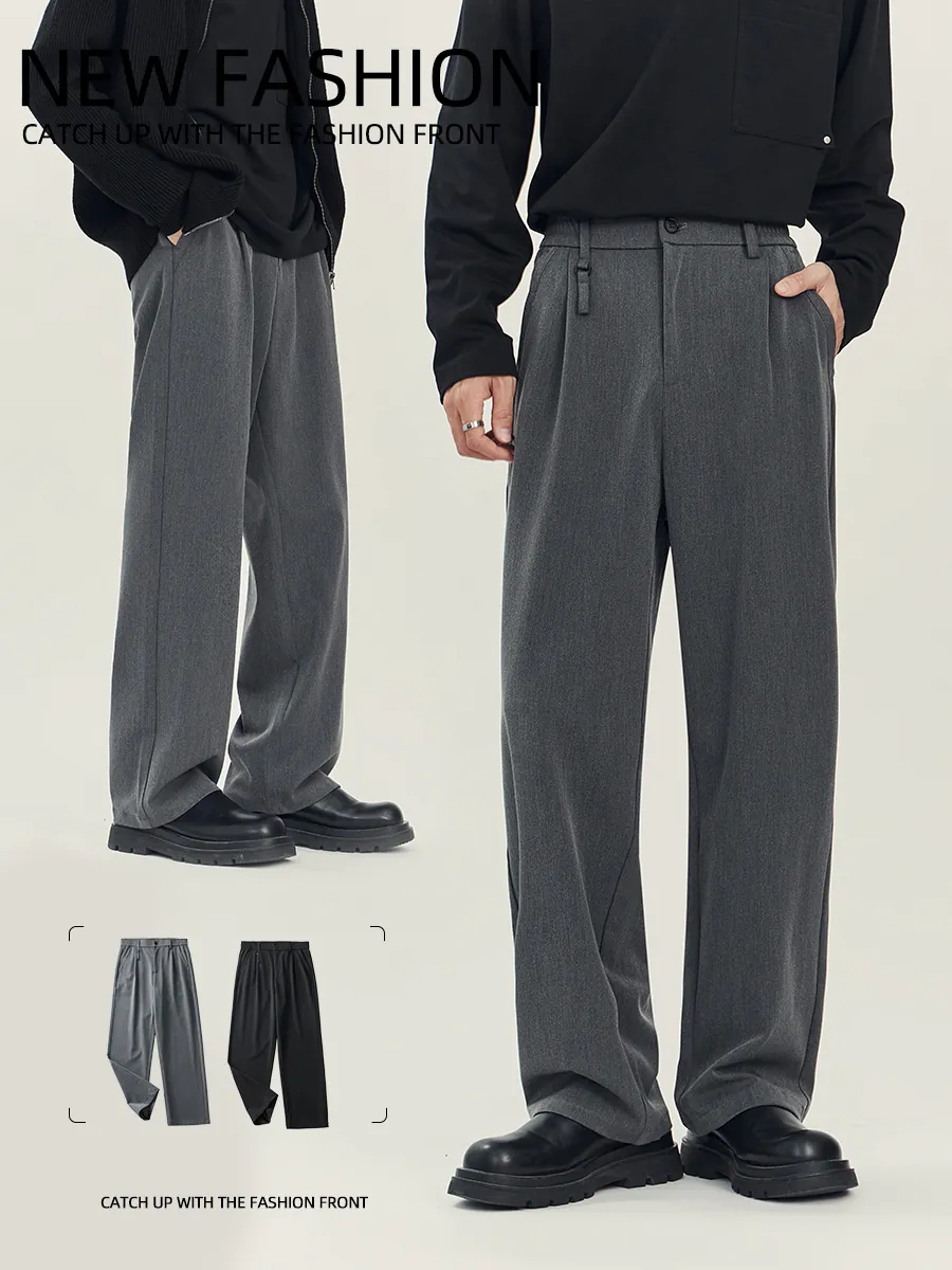 Pantaloni Casual Uomo Minimalisti in Poliestere a Gamba Dritta Business Drappo Pantaloni a Gamba Larga Tinta Unita Fondo Moda Versatile