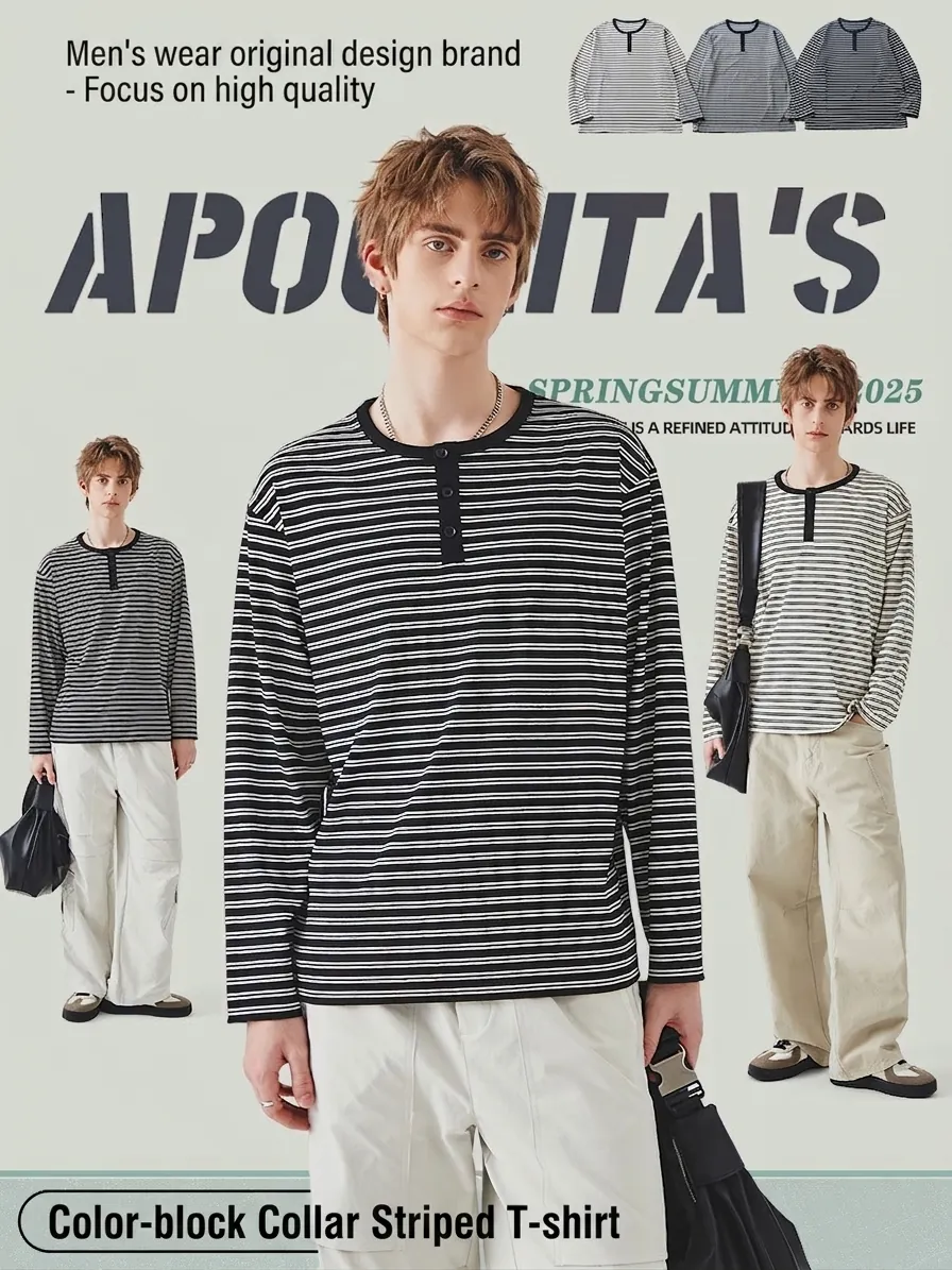 Heren Losse Pasvorm Gestrept T-Shirt Lange Mouw Casual Henley Ronde Hals Color Block Lente Basis Top Voor Dagelijks