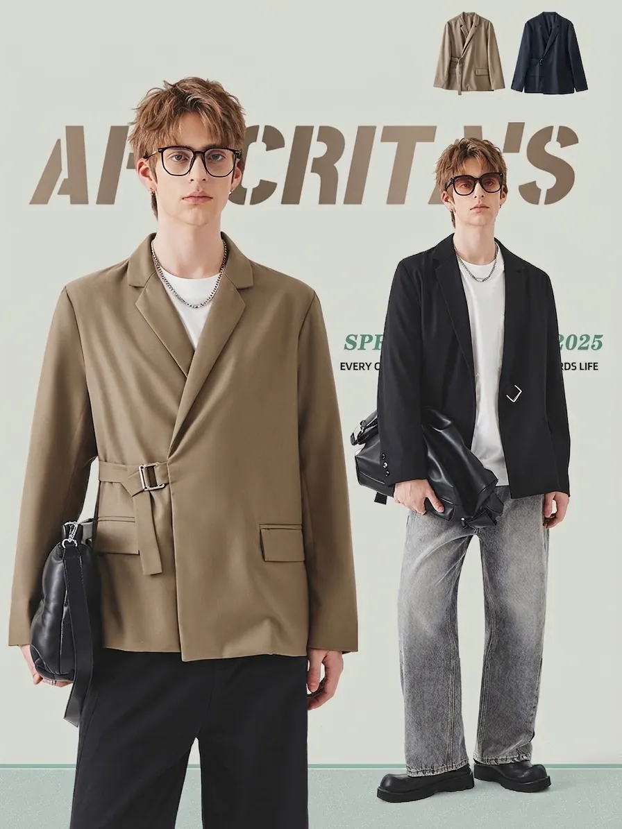 Men Casual Blazer Jacket Korean Style Loose Fit Side Buckle Design Solid Color Outerwear For Spring Autumn Men
