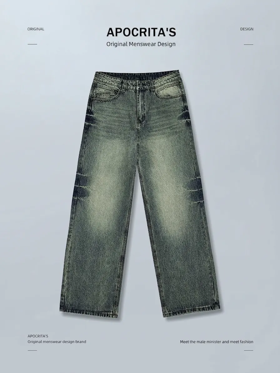 Ανδρικό Vintage Washed Straight Denim Jeans Αμερικάνικο High Street Style Ρετρό Φθαρμένο Βαμβακερό Μακρύ Παντελόνι Streetwear Casual
