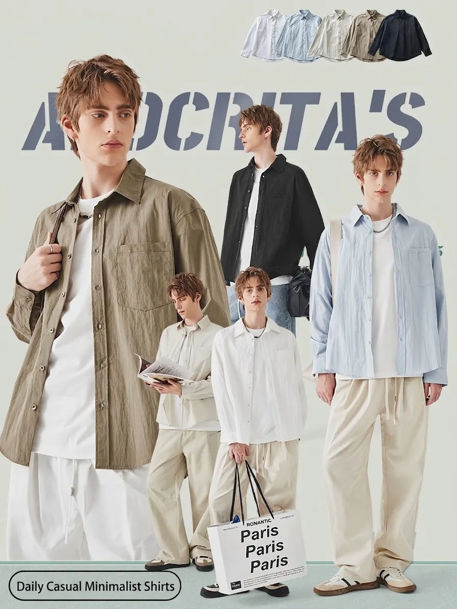 Men's Casual Cotton Blend Long Sleeve Shirt Relaxed Fit Turn-down Collar Solid Color Button Down Top With Pocket