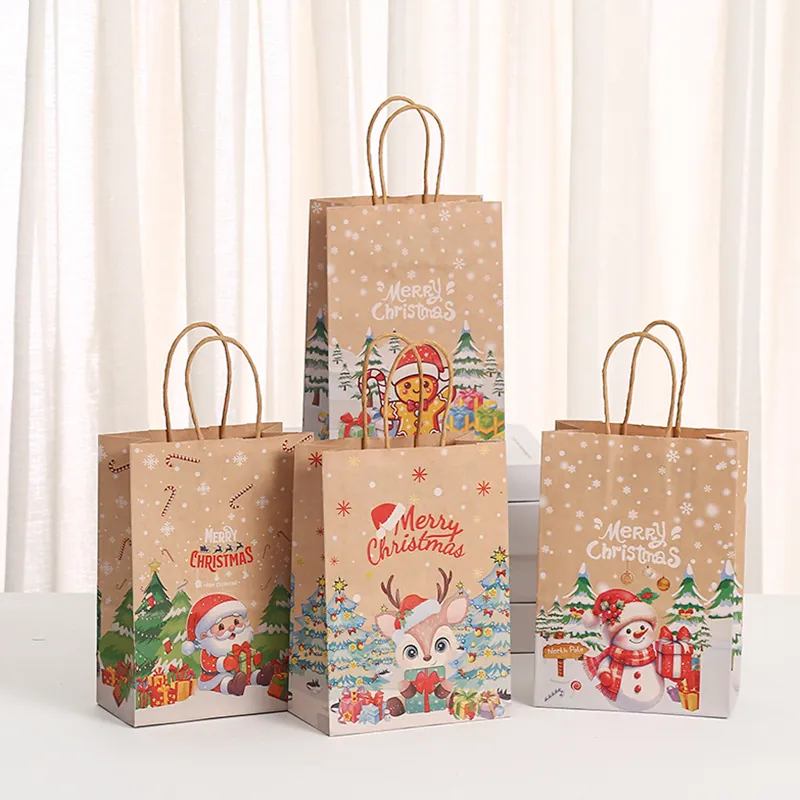 Christmas Kraft Paper Gift Bags With Handles Cartoon Santa Elk Snowman Printed Candy Packaging Bags For Holiday Party Favors