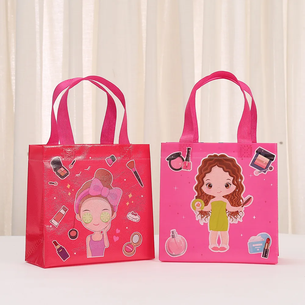 Cartoon Girl Makeup Theme Non-woven Fabric Gift Bags Laminated Waterproof Tote Shopping Bag For Women Girls Party Favors