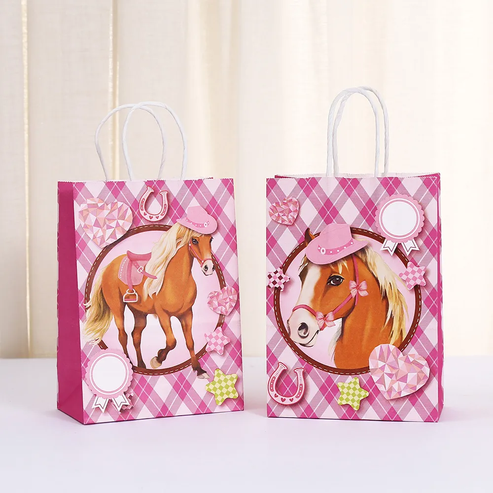 Pink Plaid Horse Theme Gift Bags Kraft Paper Candy Handbags For Kids Birthday Party Western Equestrian Theme Goodie Bags