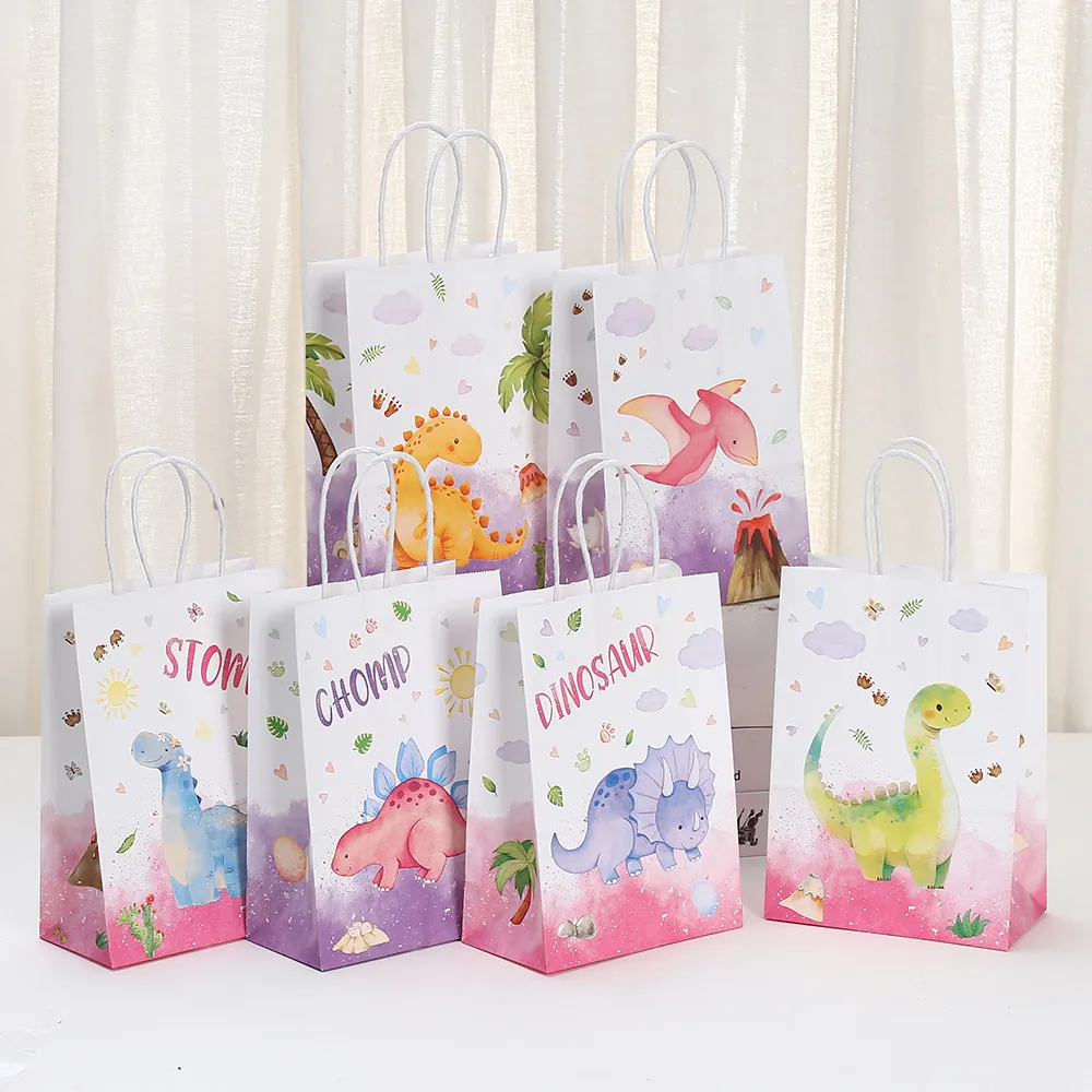 Sacs Cadeaux en Papier Kraft Imprimé Dinosaure avec Poignées pour Fête d'Anniversaire d'Enfants Motif Animalier Aquarelle Sacs à Friandises
