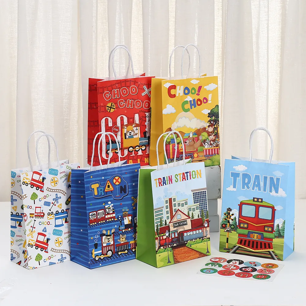 Cartoon Train Animal Kraft Paper Gift Bag With Handles For Kids Birthday Party Favors Candy Treat Goodie Bags