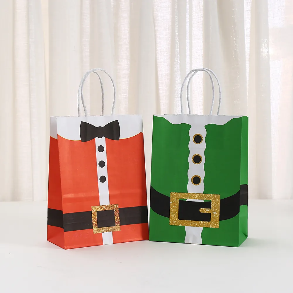 Christmas Kraft Paper Gift Bag Santa Claus Elf Suit Design With Handle Printed Holiday Party Favor Candy Treat Bag
