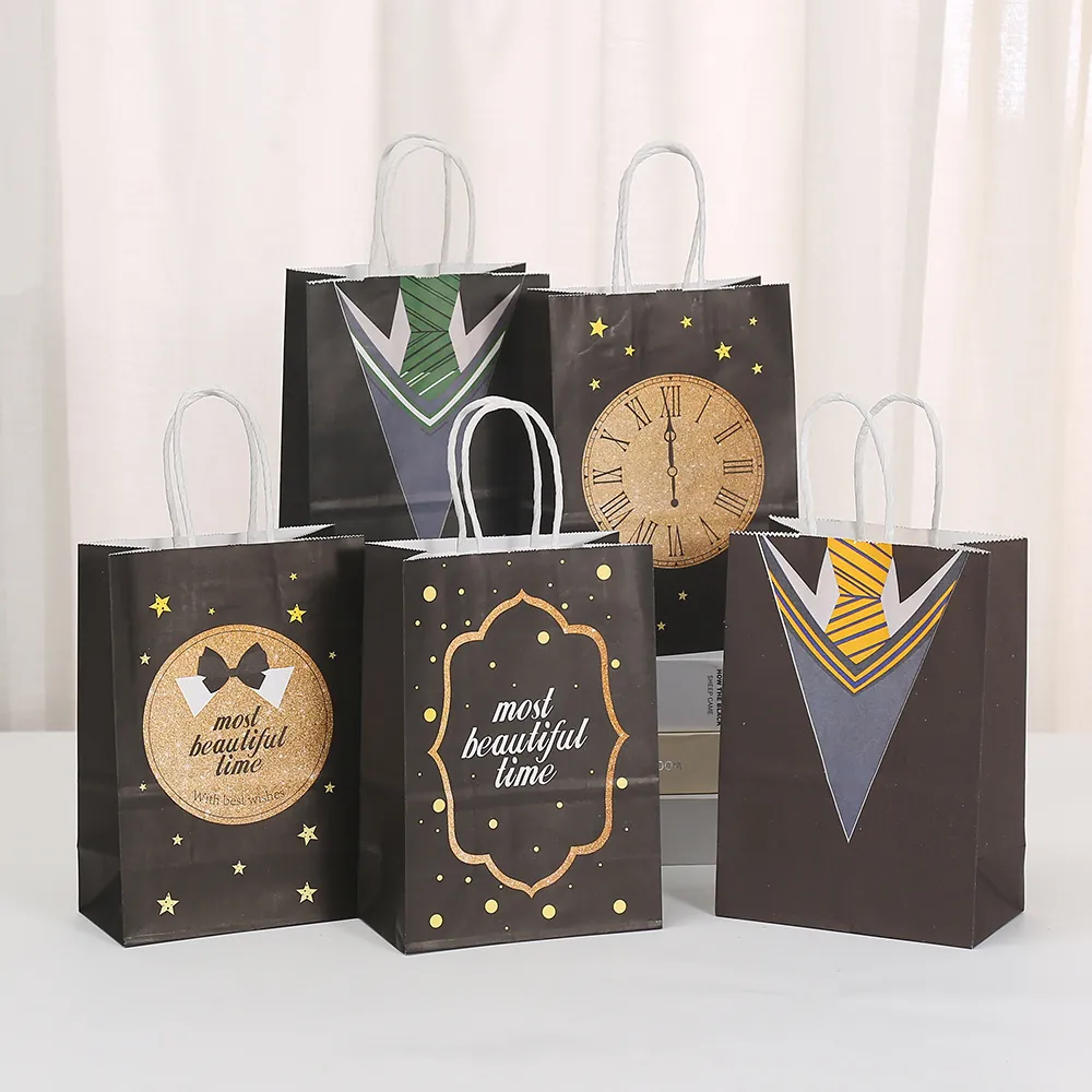 Father's Day Kraft Paper Gift Bags Suit Tie Printed Design Portable Shopping Packing Bag For Graduation Party Business Gifts