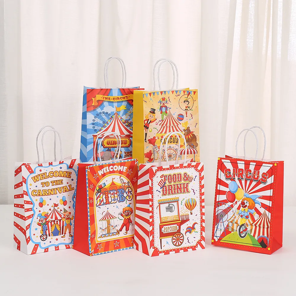 Circus Carnival Theme Kraft Paper Gift Bags With Handles For Birthday Party Favors Cartoon Animal Pattern Packaging Tote Bags