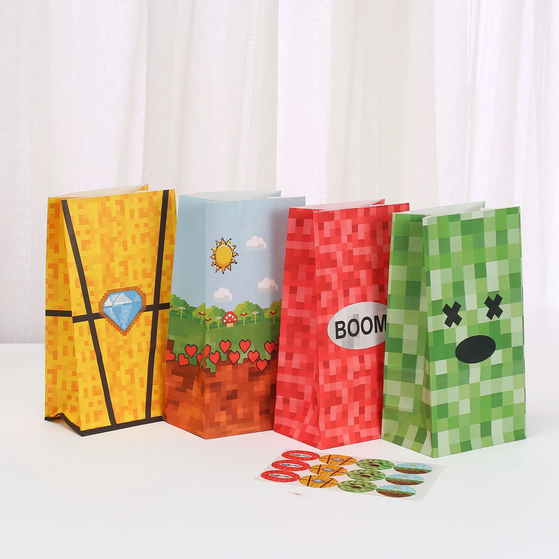 Pixel Art Kraft Paper Gift Bags With Handles Cartoon Gaming Theme Party Favor Bags For Birthday Gift Wrap Pixelated Bags